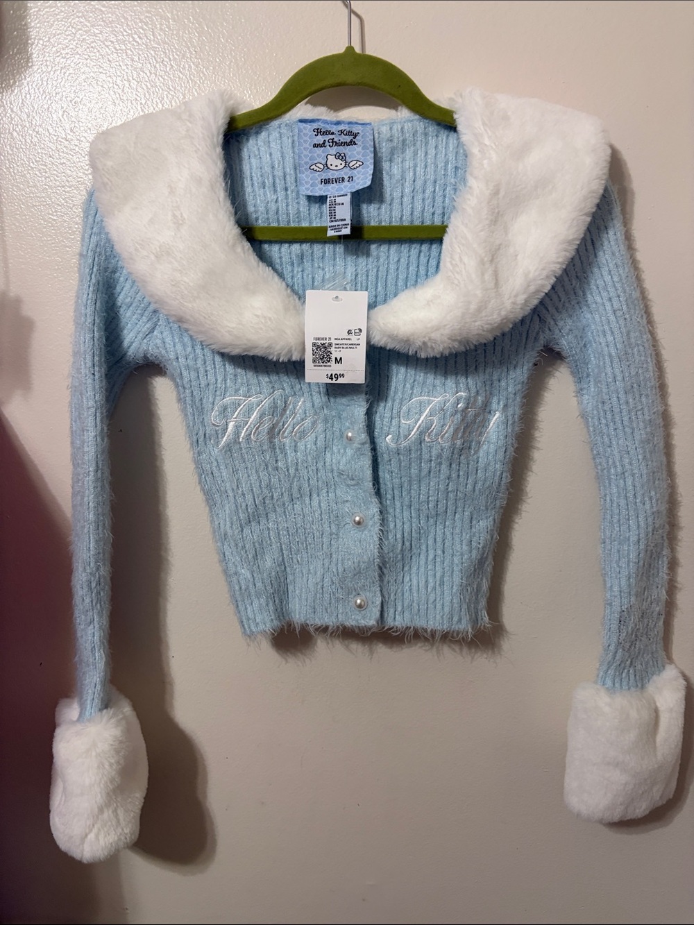 Forever 21 Light Blue Fuzzy Knit Cardigan with White Faux Fur Trim
